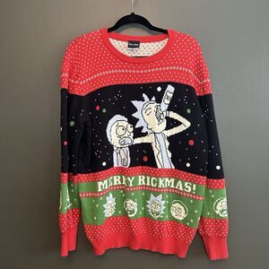 Rick and Morty UGLY Christmas Sweater Size XL Extra Large Red Graphic Weave